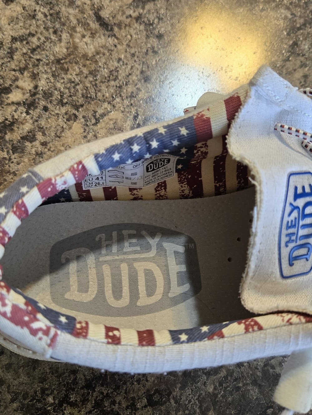 Hey Dude Mens/womens White Canvas Slip-Ons with Red & Blue Flag Accent - Picture 6 of 9